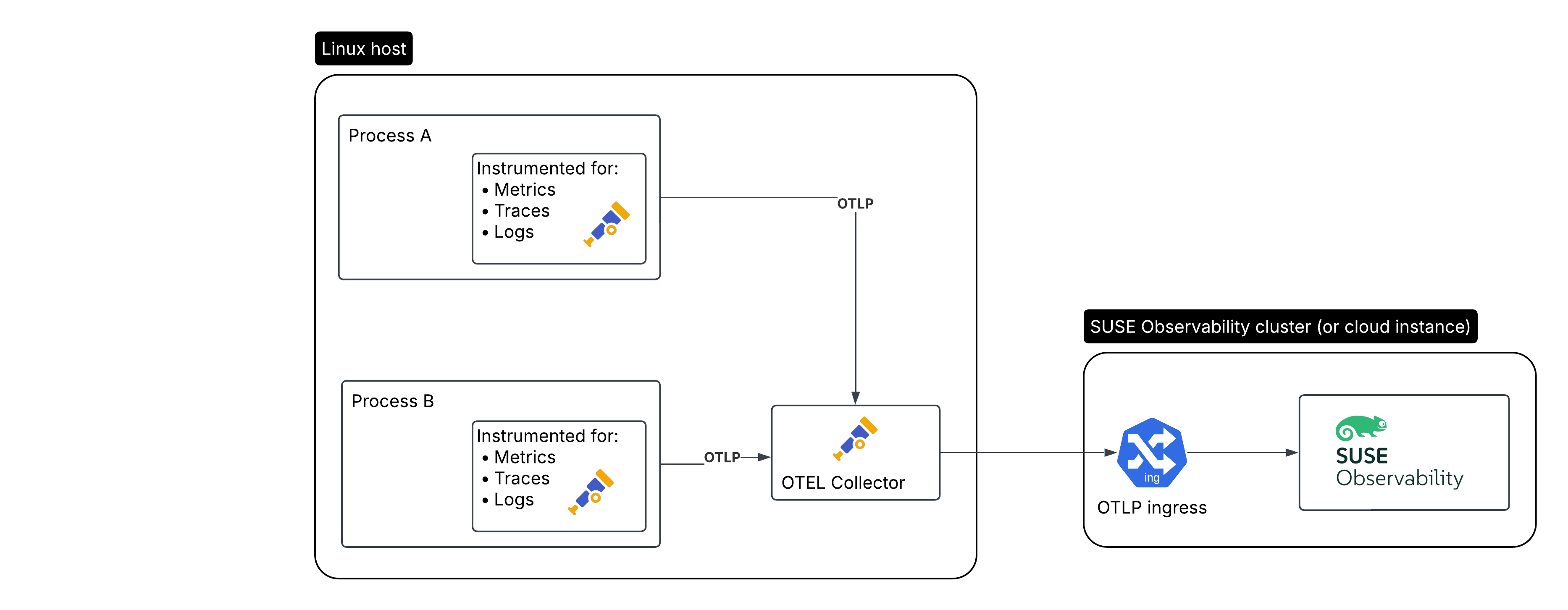 Instrumentação de aplicativo em um host Linux com o coletor Open Telemetry rodando no host